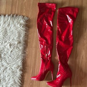 Patent Vinyl Red over the knee boots